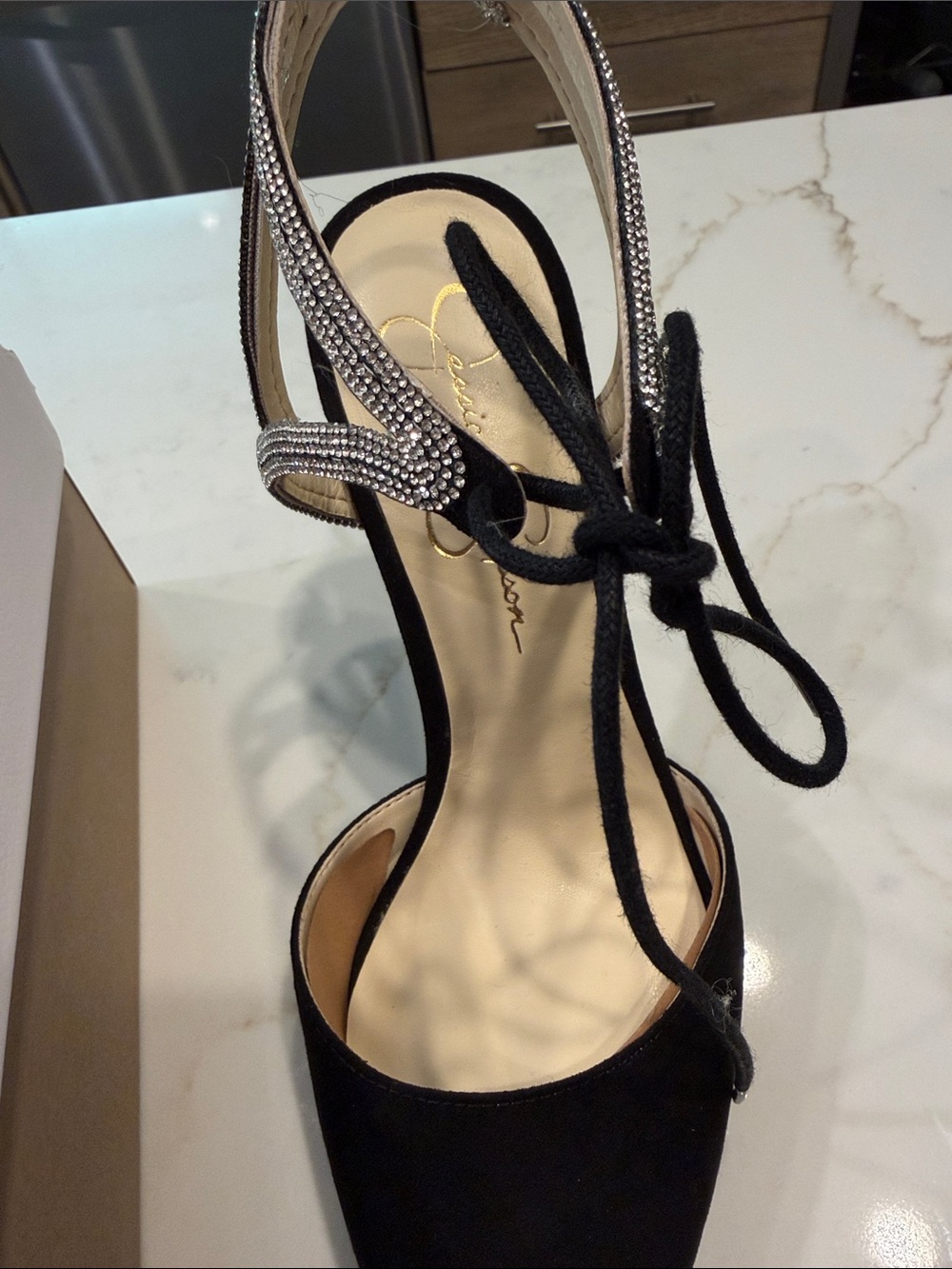 🆕 Jessica Simpson Black Suede Pointed Toe Rhinestone Ankle Tie Heels - Picture 16 of 17